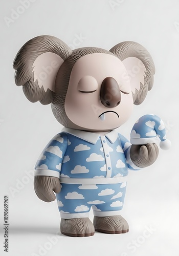 Sleepy koala toy in pajamas holding ice cream isolated white background