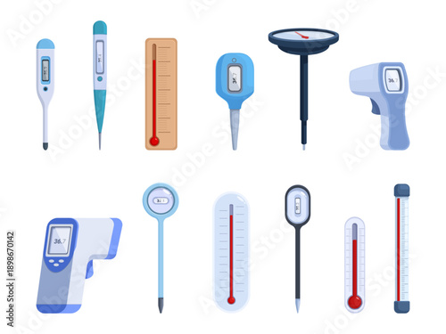 Cartoon thermometers. Different thermometer types. Measure temperature equipment for medicine, cooking, industrial, weather, sapid vector set