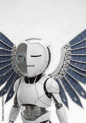 White robot angel with mechanical wings isolated white background