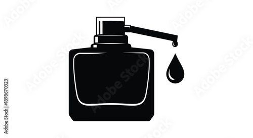A stark black silhouette depicts a pump bottle with a single droplet falling creating a minimalist image silhouette high quality