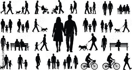 Set of people silhouettes, families walking, couples holding hands, parents with strollers, cyclists, and individuals with dogs, isolated on white