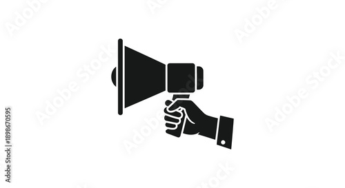 A striking black graphic depicts a hand firmly grasping a megaphone conveying a message or announcement silhouette high quality professional