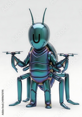 Cute turquoise robot insect character isolated white background