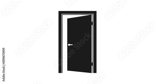 A stark white wall features a partially open doorway creating a dramatic contrast and sense of mystery depicted as a silhouette