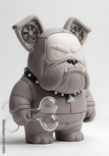 Punk bulldog robot with collar and piercings isolated white background