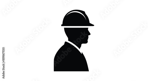 A stark black silhouette depicts a man wearing a construction helmet showcasing a profile view silhouette high quality professional detailed