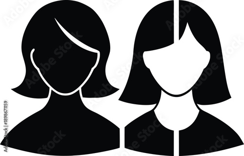 Two silhouetted female profile icons one with shorter and one with longer hair