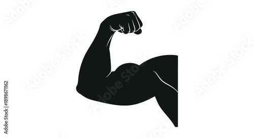 A striking image depicts a powerfully flexed bicep and forearm representing strength and physical fitness in silhouette high quality professional