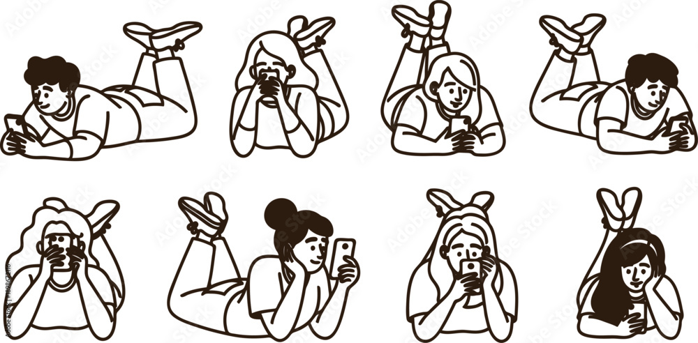 Obraz premium People lying down and using smartphones in various positions and expressions people relaxing with mobile phones