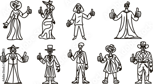 Eight people in various outfits giving thumbs up gesture  diverse characters in different clothing styles showing approval