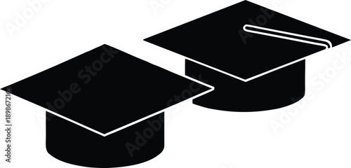 Two black graduation caps are displayed symbolizing academic achievement and completion of studies