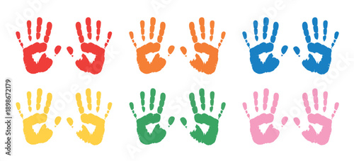 Colorful child handprint collection, showcasing left and right handprint sets for preschool activities, creative designs, and fun educational illustrations.