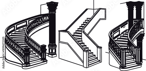 Staircases with railings and columns in different designs and shapes  various types of staircases for buildings and homes
