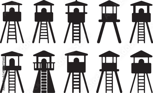 Silhouette of multiple guard towers with ladders and roofs