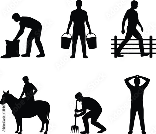 Black silhouettes of people doing farm work farming