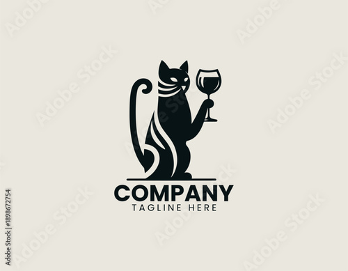 Cat logo shows relaxed character holding wine glass in playful modern vector illustration style