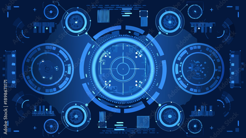 Obraz premium Futuristic interface with multiple circular radar and targeting displays