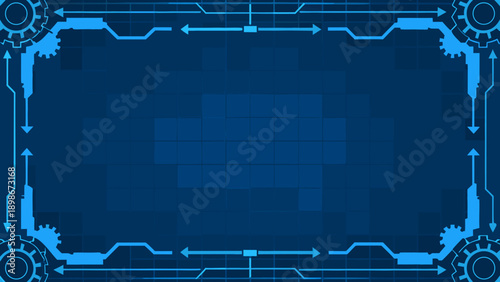 Futuristic blue interface with geometric shapes and circuit board details