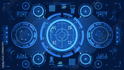 Futuristic interface with multiple circular radar and targeting displays