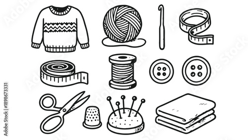 A collection of sewing tools and supplies on a white background