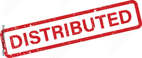 A prominent red stamp with a textured rubber effect clearly displays the word DISTRIBUTED on a clean white surface