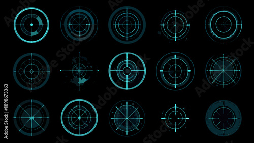 Collection of teal and cyan targeting reticles on a black background