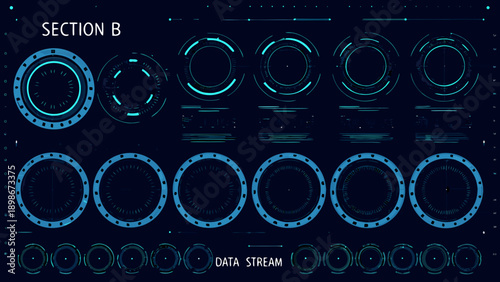 Futuristic interface elements with circular designs and a data stream display