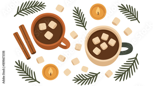 Two cups of hot chocolate with marshmallows and cinnamon sticks are surrounded by pine branches and candles.