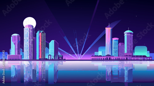 Neon cityscape at night with a full moon and vibrant light beams