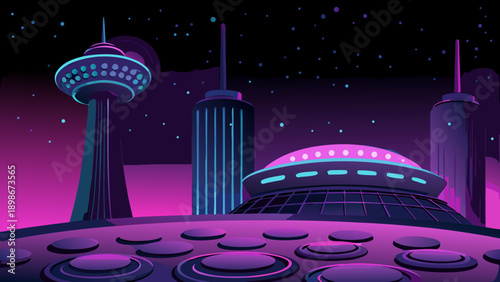 Futuristic cityscape at night with glowing neon towers and a dark sky