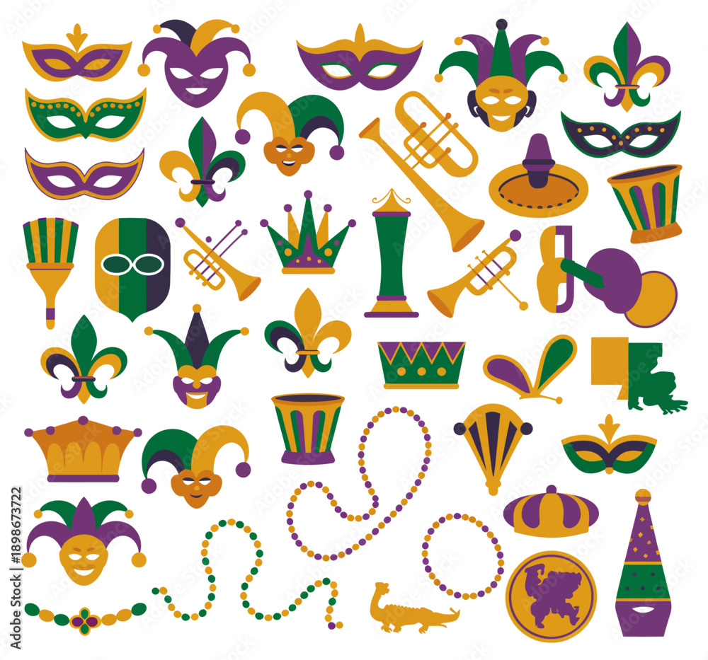 Fototapeta premium Mardi Gras carnival set icons in flat style featuring masks feathers beads jester hat and fleur de lis symbols for festival design branding posters and celebrations