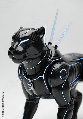 Futuristic robotic panther with neon lights isolated white background