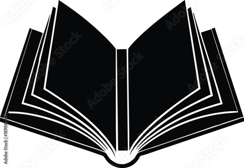 An open book illustration with black pages and a white background viewed from above