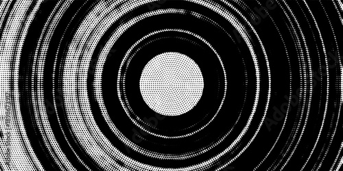 Black radial halftone circles. Dotted sound wave rings. Stippled epicenter, target, radar icon concept. Ripple concentric signal vibration element. Vector round dashed and dotted
