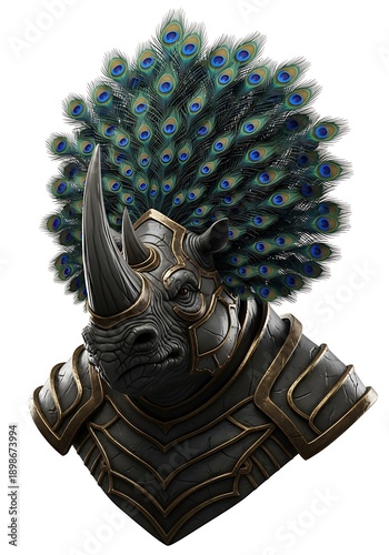 Rhinoceros with peacock feather armor isolated white background