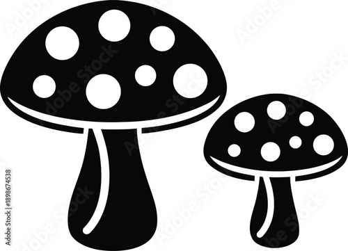 Black and white illustration depicting two stylized mushrooms with spotted caps high quality