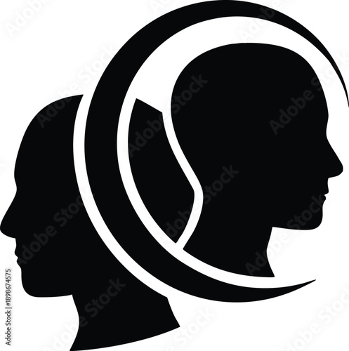 Abstract depiction of two human profiles enclosed within a circular swirling design