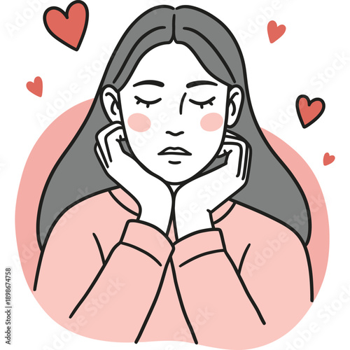 Sad girl, closed eyes, heartbreak, unrequited love, longing, minimalist line art illustration, red hearts, emotional, thoughtful, young woman