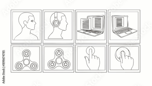 Set of 8 outline icons: human head, headphones, laptops, fidget spinners, and touch screen interaction