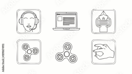 Collection of six hand-drawn icons representing technology, communication, and modern lifestyle elements