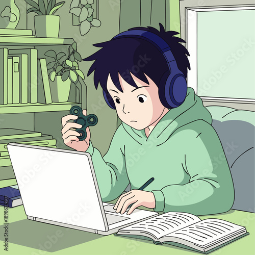Young boy with headphones and fidget spinner studying at laptop in cozy room, anime style