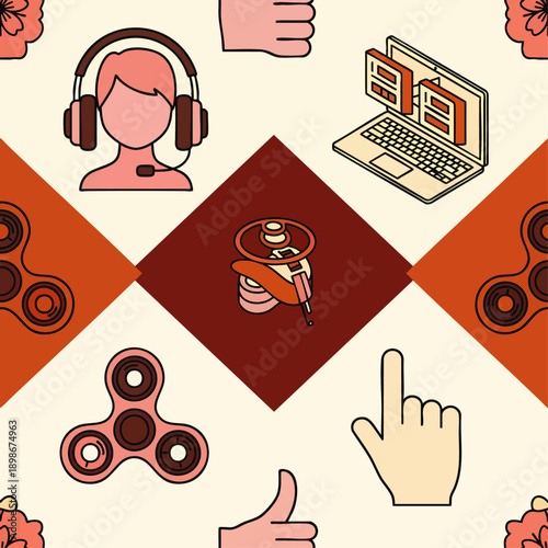 Seamless Pattern of Technology and Business Icons: Computer, Hard Drive, Support, Fidget Spinners, Thumbs Up, Finger Pointer