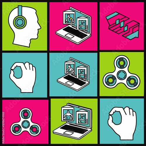 Collage of Icons: Headset, Laptop with Video Calls, Fidget Spinners, Hand Gestures, and Abstract Shapes