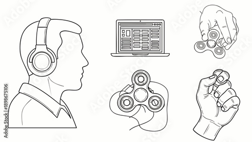 Fidget spinner, headphones and laptop icons, vector illustration, line art, technology and leisure concept