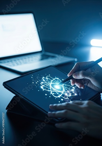 Person drawing glowing atom on tablet with stylus in dark room.