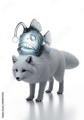 Anglerfish helmet on white wolf hybrid isolated white background