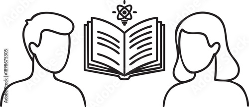 Students learning science from an open book with atom symbol illustration