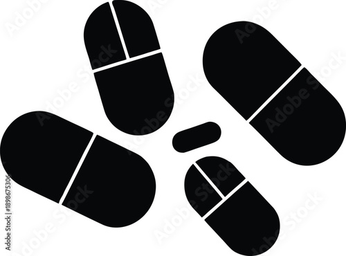 Black and white illustration of several pills and capsules scattered on a surface