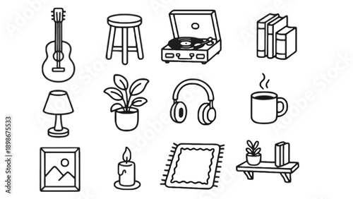 A collection of various household and music related items illustrated in black and white