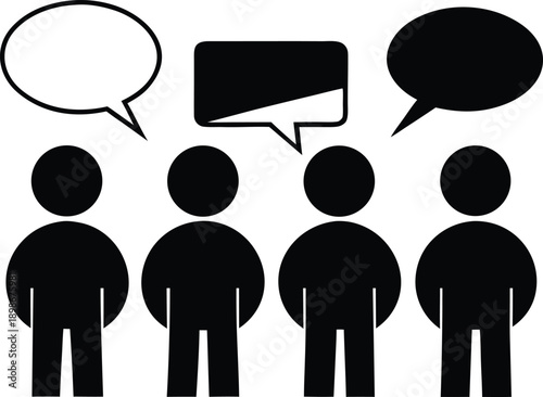 Four silhouetted figures with speech bubbles representing communication and dialogue high quality professional